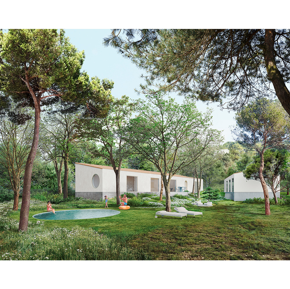 Maison contemporaine parmi les arbres avec piscine