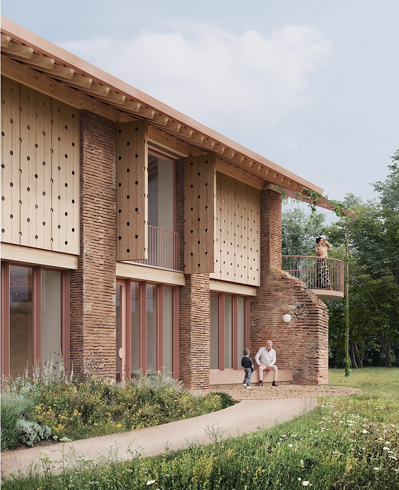 Réhabilitation avec de grands volets pliants en bois et jardins