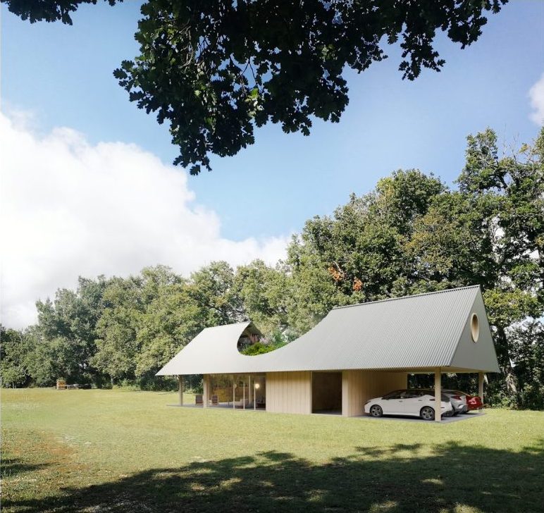 Maison en bois avec grandes baies vitrées 