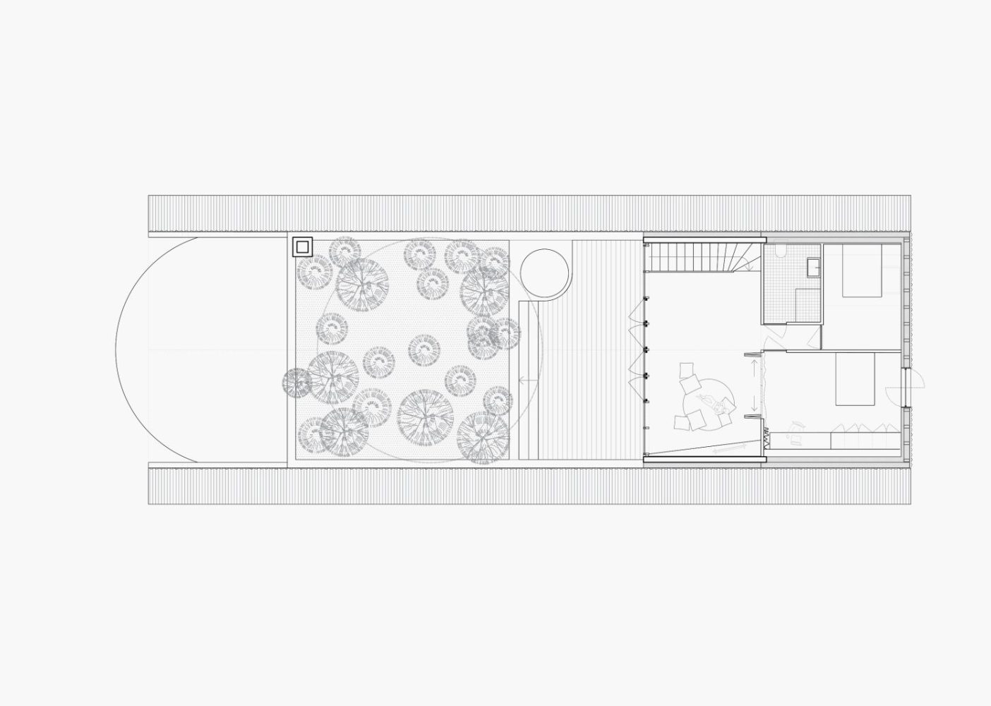 Plan du R+1 d'une maison avec grande terrasse et toit végétalisé