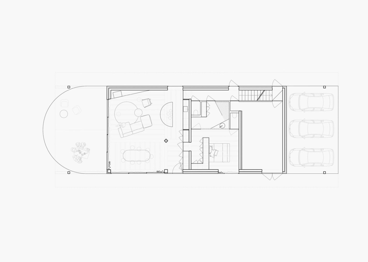 Plan du RDC d'une maison de plain-pied avec grande pièce de vie et terrasse 