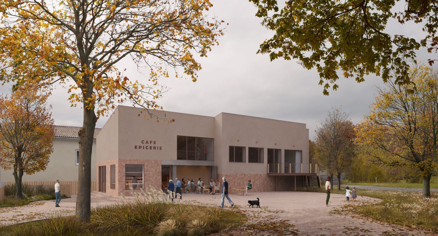 Epicerie avec terrasse et espace public végétalisé