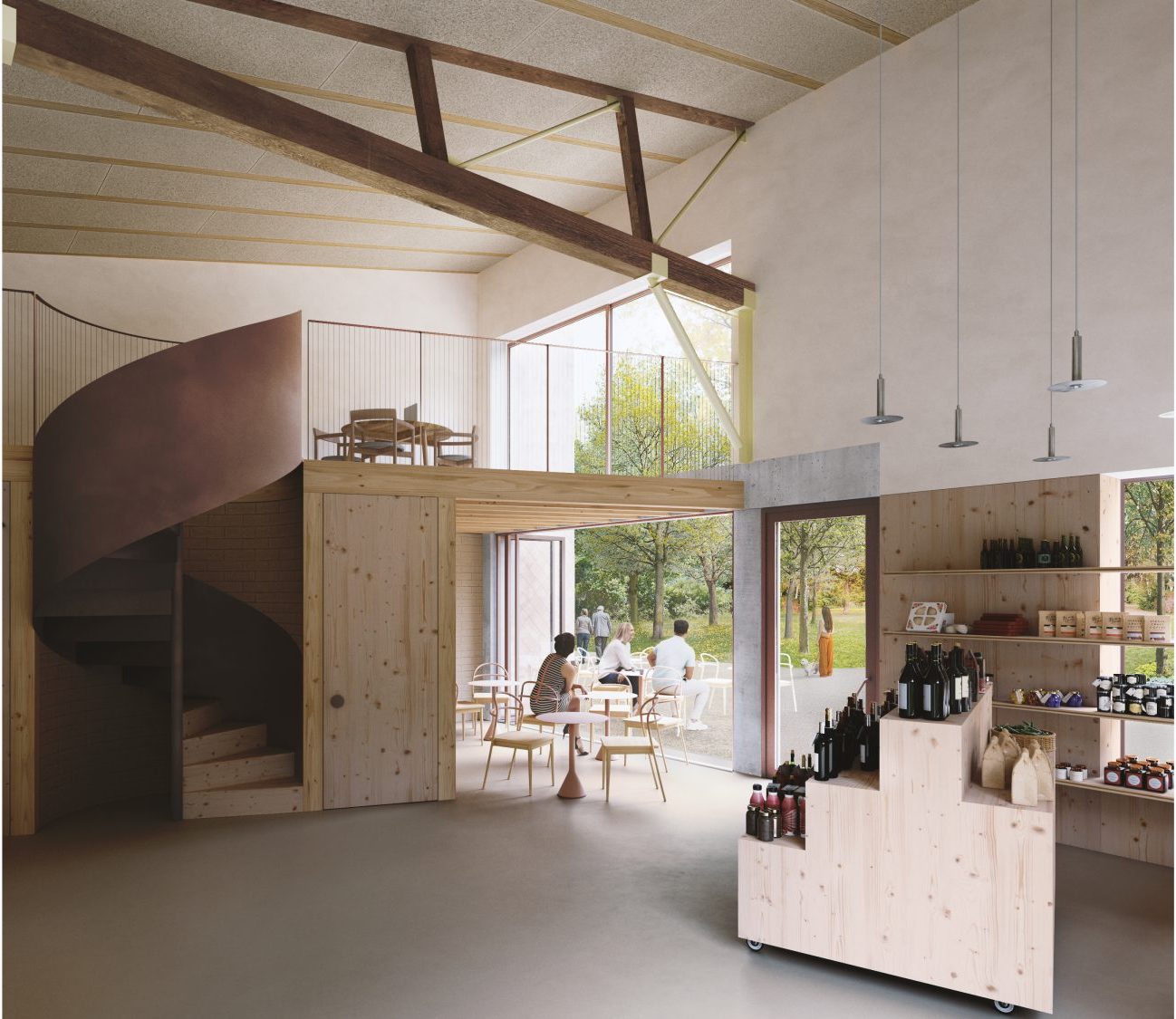 épicerie de proximité avec des aménagements en bois