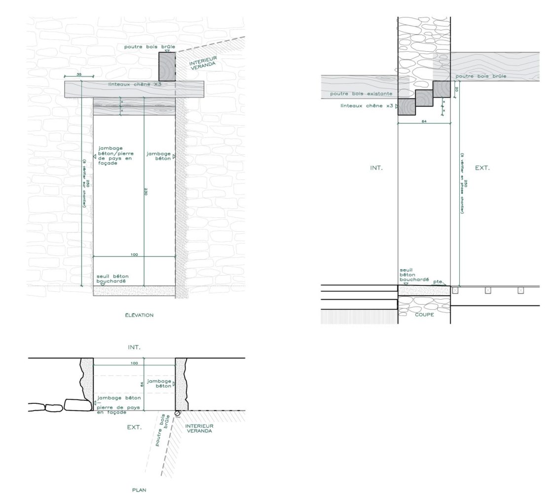Plan d'une ouverture contemporaine en béton et bois dans un mur en pierre
